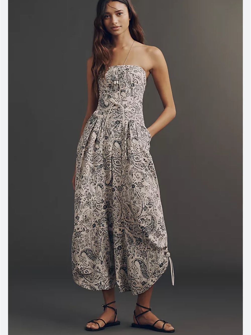 By Anthropologie Strapless Printed Parachute Jumpsuit size Med Tall
